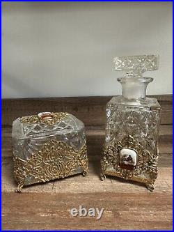 Vintage Fostoria Perfume Glass Bottle with Matching Trinket Box Set Used Ornate