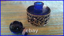 Vintage French Cobalt Blue Glass round Perfume Bottle with silver overla perfec