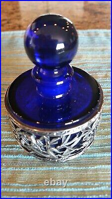 Vintage French Cobalt Blue Glass round Perfume Bottle with silver overla perfec