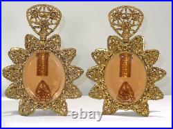 Vintage French Gold Ormolu & Tangerine Beveled Glass Perfume Vanity Bottles (2)