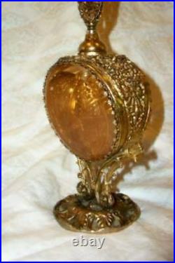 Vintage French Ormolu Filigree Perfume Bottle Beveled Rose Glass Dauber Tall