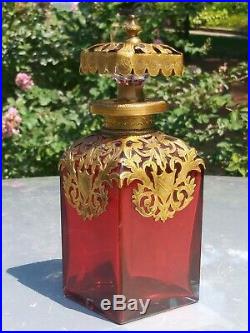 Vintage French Palais Royal Ruby Red Glass & Dore Bronze Perfume Scent Bottle