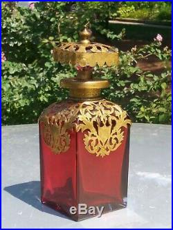 Vintage French Palais Royal Ruby Red Glass & Dore Bronze Perfume Scent Bottle