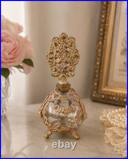 Vintage French Style Ormolu Glass Perfume Bottle Gilt Filigree Roses Vanity