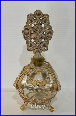 Vintage French Style Ormolu Glass Perfume Bottle Gilt Filigree Roses Vanity