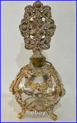 Vintage French Style Ormolu Glass Perfume Bottle Gilt Filigree Roses Vanity