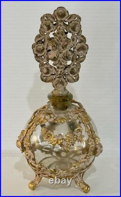 Vintage French Style Ormolu Glass Perfume Bottle Gilt Filigree Roses Vanity