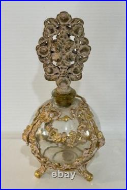 Vintage French Style Ormolu Glass Perfume Bottle Gilt Filigree Roses Vanity