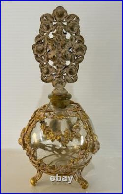 Vintage French Style Ormolu Glass Perfume Bottle Gilt Filigree Roses Vanity