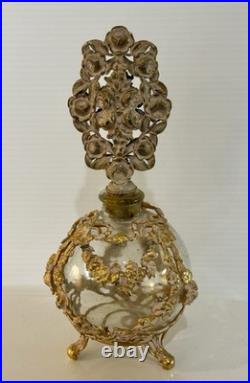 Vintage French Style Ormolu Glass Perfume Bottle Gilt Filigree Roses Vanity