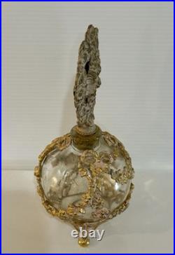 Vintage French Style Ormolu Glass Perfume Bottle Gilt Filigree Roses Vanity