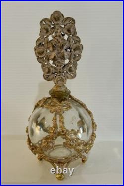 Vintage French Style Ormolu Glass Perfume Bottle Gilt Filigree Roses Vanity