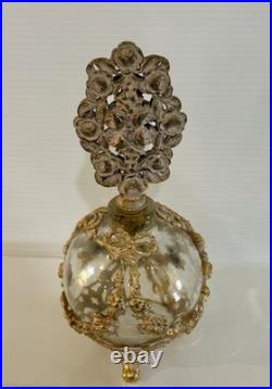 Vintage French Style Ormolu Glass Perfume Bottle Gilt Filigree Roses Vanity
