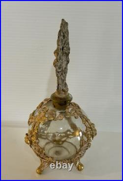 Vintage French Style Ormolu Glass Perfume Bottle Gilt Filigree Roses Vanity