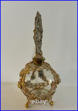 Vintage French Style Ormolu Glass Perfume Bottle Gilt Filigree Roses Vanity