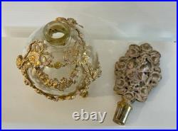 Vintage French Style Ormolu Glass Perfume Bottle Gilt Filigree Roses Vanity