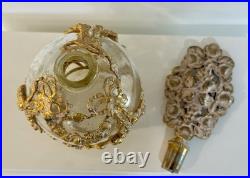 Vintage French Style Ormolu Glass Perfume Bottle Gilt Filigree Roses Vanity