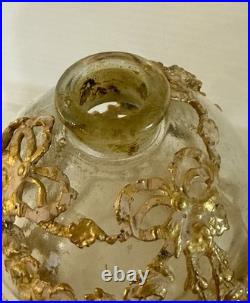 Vintage French Style Ormolu Glass Perfume Bottle Gilt Filigree Roses Vanity