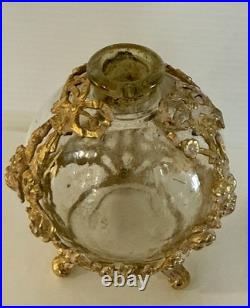 Vintage French Style Ormolu Glass Perfume Bottle Gilt Filigree Roses Vanity