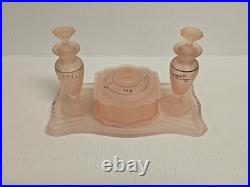 Vintage Frosted Pink Satin Hand Painted Glass Vanity Set Perfume Bottles powder