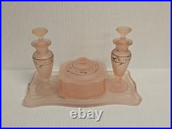 Vintage Frosted Pink Satin Hand Painted Glass Vanity Set Perfume Bottles powder