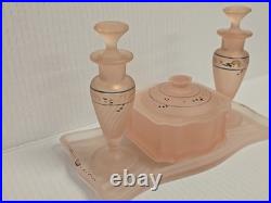 Vintage Frosted Pink Satin Hand Painted Glass Vanity Set Perfume Bottles powder