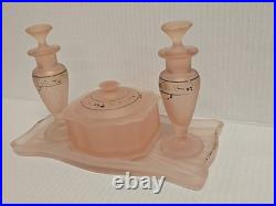 Vintage Frosted Pink Satin Hand Painted Glass Vanity Set Perfume Bottles powder