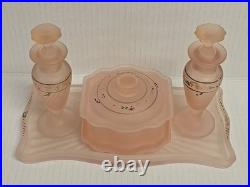 Vintage Frosted Pink Satin Hand Painted Glass Vanity Set Perfume Bottles powder
