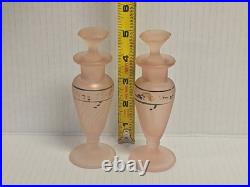 Vintage Frosted Pink Satin Hand Painted Glass Vanity Set Perfume Bottles powder