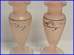 Vintage Frosted Pink Satin Hand Painted Glass Vanity Set Perfume Bottles powder