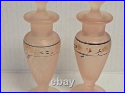 Vintage Frosted Pink Satin Hand Painted Glass Vanity Set Perfume Bottles powder