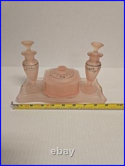 Vintage Frosted Pink Satin Hand Painted Glass Vanity Set Perfume Bottles powder