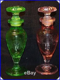 Vintage GREEN & Pink Depression Glass Perfume Scent Bottles Vanity pieces