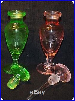 Vintage GREEN & Pink Depression Glass Perfume Scent Bottles Vanity pieces