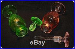 Vintage GREEN & Pink Depression Glass Perfume Scent Bottles Vanity pieces