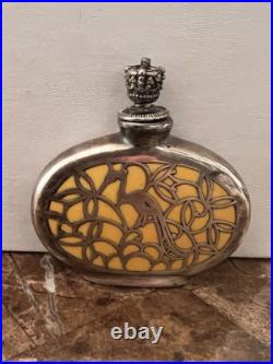 Vintage German Perfume Bottle with Silver Overlay Art Deco Floral & Peacock