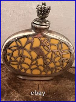 Vintage German Perfume Bottle with Silver Overlay Art Deco Floral & Peacock