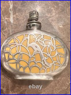 Vintage German Perfume Bottle with Silver Overlay Art Deco Floral & Peacock
