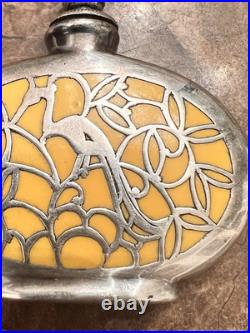 Vintage German Perfume Bottle with Silver Overlay Art Deco Floral & Peacock