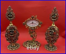 Vintage Germany Linden Ormolu Gold Gilding Windup Alarm Clock & Perfume Bottles