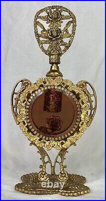 Vintage Gilt Ormolu Perfume Bottle, Rococo Filigree Fretwork Reliquary Cranberry