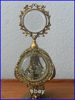 Vintage Glamorous Gold ORMOLU Filigree Large PERFUME BOTTLE Cupid Glass