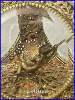 Vintage Glamorous Gold ORMOLU Filigree Large PERFUME BOTTLE Cupid Glass