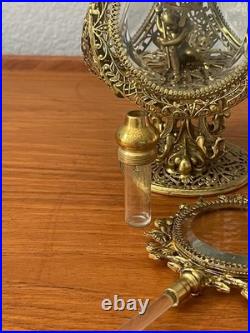 Vintage Glamorous Gold ORMOLU Filigree Large PERFUME BOTTLE Cupid Glass