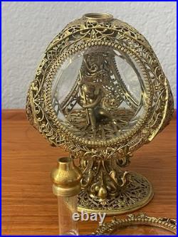 Vintage Glamorous Gold ORMOLU Filigree Large PERFUME BOTTLE Cupid Glass