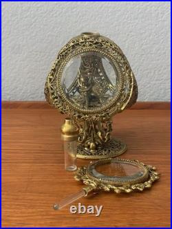 Vintage Glamorous Gold ORMOLU Filigree Large PERFUME BOTTLE Cupid Glass