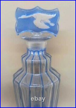 Vintage Glass Blue Enamel Stopper Intaglio Bird Lovely Perfume Bottle 6.29