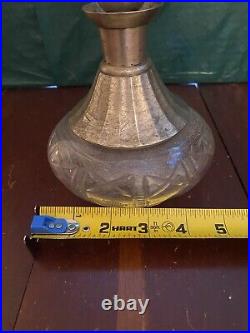 Vintage Glass Perfume Bottle/Decanter With Silver Overlay & Specks In Cut Glass