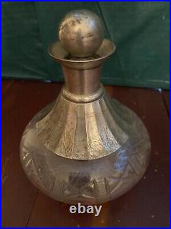 Vintage Glass Perfume Bottle/Decanter With Silver Overlay & Specks In Cut Glass