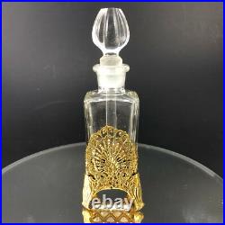 Vintage Glass Perfume Bottle & Stopper Dabber Brass Ormolu Carrier Peacock Plume